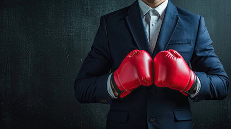 "Business knockout: Businessman in suit with red boxing gloves, victorious success postureの素材