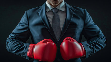 "Business knockout: Businessman in suit with red boxing gloves, victorious success postureの素材