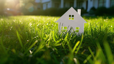 Eco-friendly living: Concept image of making a new house with white paper cut on green grassの素材