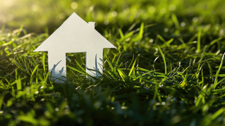 Eco-friendly living: Concept image of making a new house with white paper cut on green grassの素材