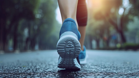 Active lifestyle: Close-up of Asian runner's back shoe ready for outdoor training, fitness journeyの素材