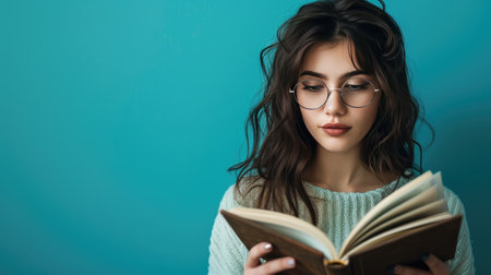 Literary magic: Female in glasses holding and reading a book, studio shot on a blue backgroundの素材