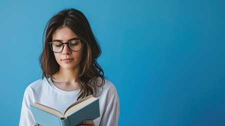 Literary magic: Female in glasses holding and reading a book, studio shot on a blue backgroundの素材
