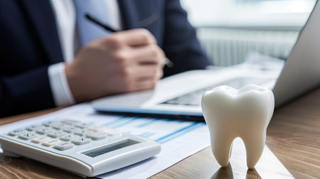 Dental finance: Close-up tooth in front of businessman calculating a dental billの素材