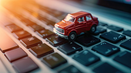 Digital insurance concept: Close-up of a small car on a laptop keyboardの素材