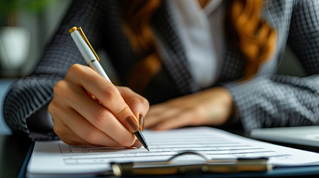 Business success essentials: Close-up of a professional woman's hand completing tasks on a checklistの素材