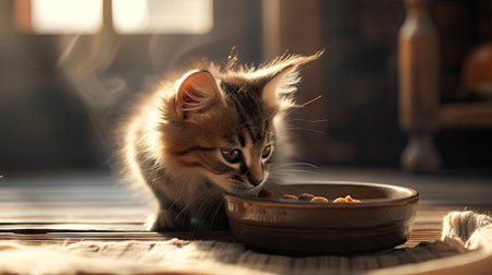 Heartwarming Pet Moment - Furry friend indulging in food from a charming bowlの写真素材