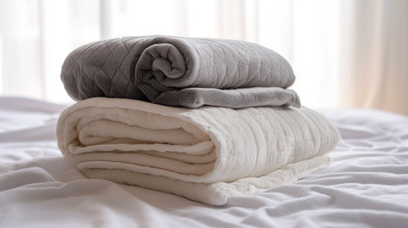 Fresh Comfort - New soft folded blankets stack on a clean white background
