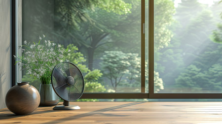 Contemporary Living - Interior view with a sleek electric fan on a wooden table for comfortの写真素材