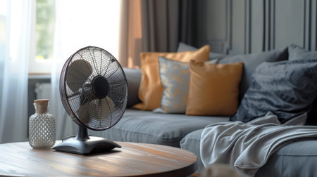 Contemporary Living - Interior view with a sleek electric fan on a wooden table for comfortの写真素材