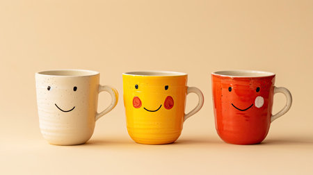 Joyful Friendship - Cups with happy faces celebrating Friendship Day on a beige backgroundの写真素材