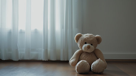Lonely Bear - Sad plush toy in a minimalist room for a heartwarming commercialの写真素材