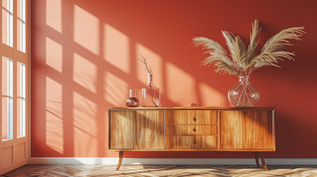Contemporary Elegance - Wooden sideboard, glass vase, pampas grass set against a salmon-colored wall, embodying mid-century modern sophistication in a living room interiorの写真素材