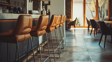 Chic Interior Design - Modern brown bar stools with metal legs arranged in a room, creating a stylish and minimalist seating areaの写真素材