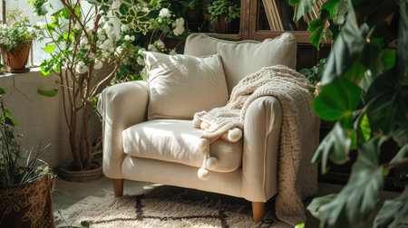 Cozy Living - A comfortable beige armchair adorned with cushions and surrounded by greenery, creating a warm and inviting living spaceの写真素材