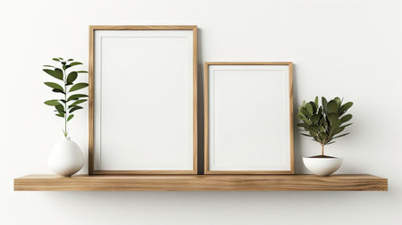 Interior Decor Display - Blank photo frames on a brown floating shelf, accompanied by a potted plant, creating an elegant room decor mock-up, isolated on white with natural light and copy spaceの写真素材