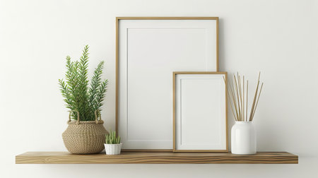 Interior Decor Display - Blank photo frames on a brown floating shelf, accompanied by a potted plant, creating an elegant room decor mock-up, isolated on white with natural light and copy spaceの写真素材