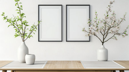 Elegant Room Decor - Table adorned with a decor vase and two empty vertical picture frame mockups, enhancing the room with a classic and stylish centerpieceの写真素材