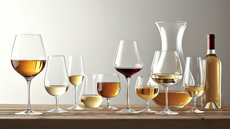 Elegant Wine Presentation - Glasses and a decanter on a wooden table, displaying a variety of wine against a stylish gray backdropの写真素材