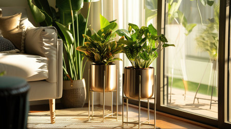Botanical Elegance - Two planters with metal stands and small plants, adding a touch of greenery to the roomの写真素材