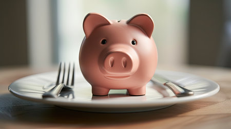 Financial Feast - Piggy bank on a plate with fork and knife, illustrating the concept of savings and mindful spendingの写真素材