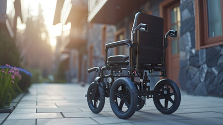 Electric wheelchair for the elderly, emphasizing independence and strong medical support in a home or hospital settingの写真素材