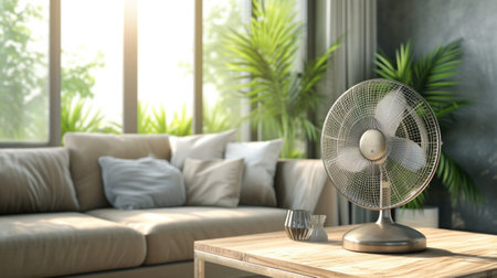Contemporary Living - Interior view with a sleek electric fan on a wooden table for comfortの素材