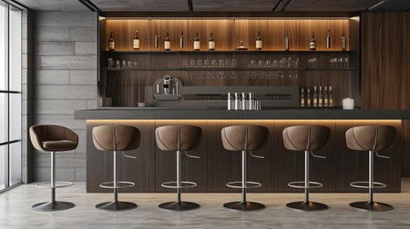 Chic Interior Design - Modern brown bar stools with metal legs arranged in a room, creating a stylish and minimalist seating areaの素材