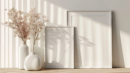 Elegant Room Decor - Table adorned with a decor vase and two empty vertical picture frame mockups, enhancing the room with a classic and stylish centerpieceの素材