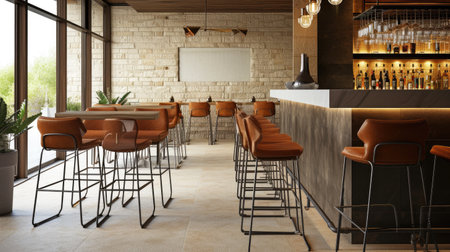 Chic Interior Design - Modern brown bar stools with metal legs arranged in a room, creating a stylish and minimalist seating areaの素材