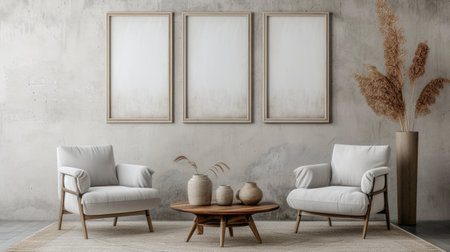 Elegant Room Decor - Table adorned with a decor vase and two empty vertical picture frame mockups, enhancing the room with a classic and stylish centerpieceの素材