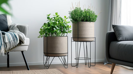 Botanical Elegance - Two planters with metal stands and small plants, adding a touch of greenery to the roomの素材
