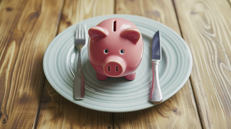 Financial Feast - Piggy bank on a plate with fork and knife, illustrating the concept of savings and mindful spendingの素材