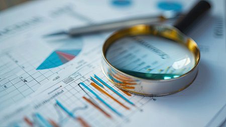Financial Exploration - Magnifying glass on graph paper, symbolizing in-depth research and analysis for financial development and business successの素材