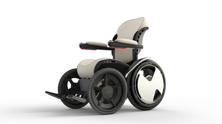 Electric wheelchair for the elderly, emphasizing independence and strong medical support in a home or hospital settingの素材
