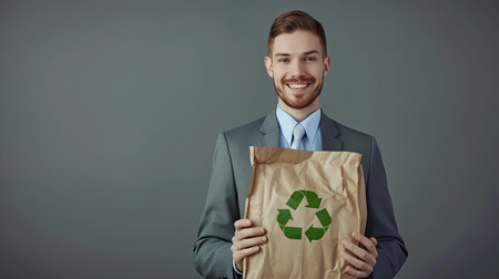 Eco-savvy businessman: Portrait with recycling sign and paper package on gray backgroundの素材