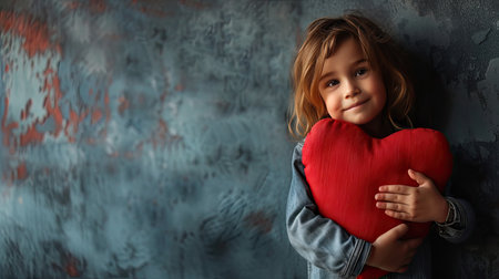 Sweet emotions: Portrait of an anonymous child holding a big heart in a casual studio settingの素材