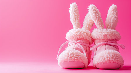 Adorable baby fashion: Playful ensemble with bunny boots on a pink surfaceの素材