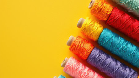 Vibrant sewing threads beautifully arranged on a yellow backgroundの素材
