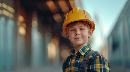 outhful builder: Smiling child near a white wall, exploring career possibilitiesの素材