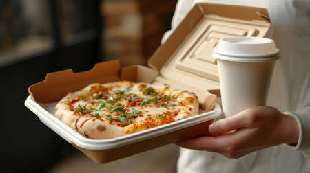 Takeout delight: Cafeteria worker offering a box of pizza and a cup of coffee with a welcoming gestureの素材