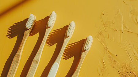 Dental care essentials: Flat lay of toothbrushes with bamboo handles on a yellow surface. Eco-friendly concept with ample copy spaceの素材