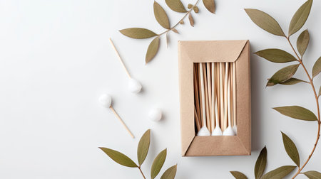 Eco-friendly hygiene: Cotton buds in eco kraft packaging isolated on white. Bamboo sticks for nose and ears. Sustainable living conceptの素材