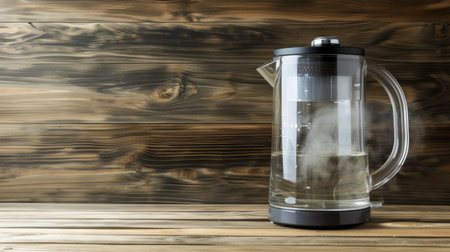 Transparent electric kettle on a wooden table. Boiling water and making tea. Modern home appliances with space for text and copyの素材