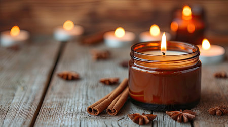 Cozy burning candle in a brown glass jar with cinnamon sticks and pumpkin candles on a wood texture. Eco-friendly soy candle. Place for textの素材
