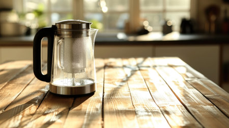 Stylish kitchen setup: Modern electric transparent kettle on a wooden table. Boiling water and making tea. Home appliances for hot drinks. Copy space availableの素材