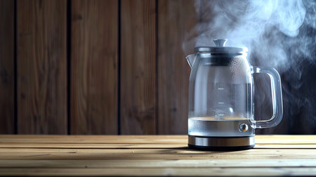 Stylish kitchen setup: Modern electric transparent kettle on a wooden table. Boiling water and making tea. Home appliances for hot drinks. Copy space availableの素材