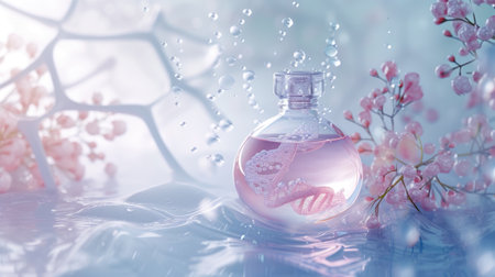 Beauty science concept: Essence display with liquid bubble and molecular structure on DNA water splash background. Scientific breakthrough in skincareの素材