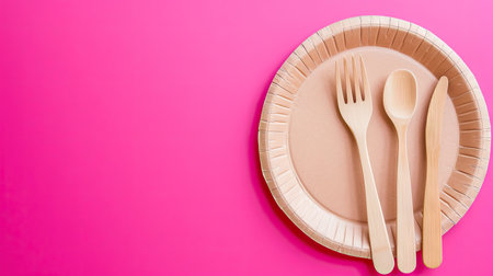 Eco-friendly dining: Wooden cutlery on a paper plate, all on a vibrant pink background.の素材