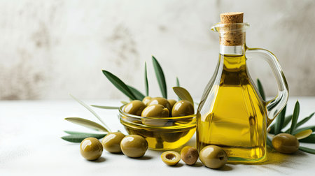 Bowl of fresh olive oil and olives with leaves isolated on a white background. Gourmet presentationの素材